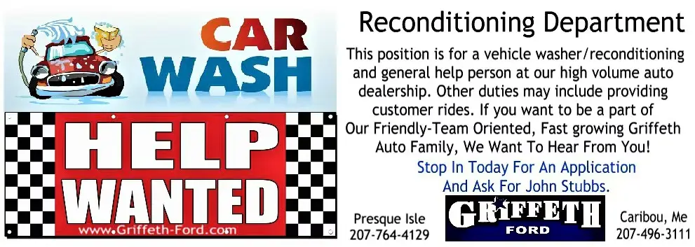 Help Wanted ad for a vehicle washer/reconditioning person at Griffeth Ford, showing a car wash graphic.
