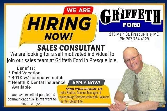Job ad for a Sales Consultant at Griffeth Ford. Features a smiling man, job details, benefits, and how to apply.
