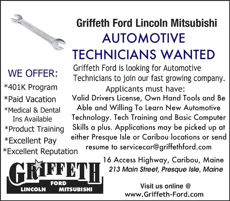Job advertisement for Automotive Technicians at Griffeth Ford Lincoln Mitsubishi.